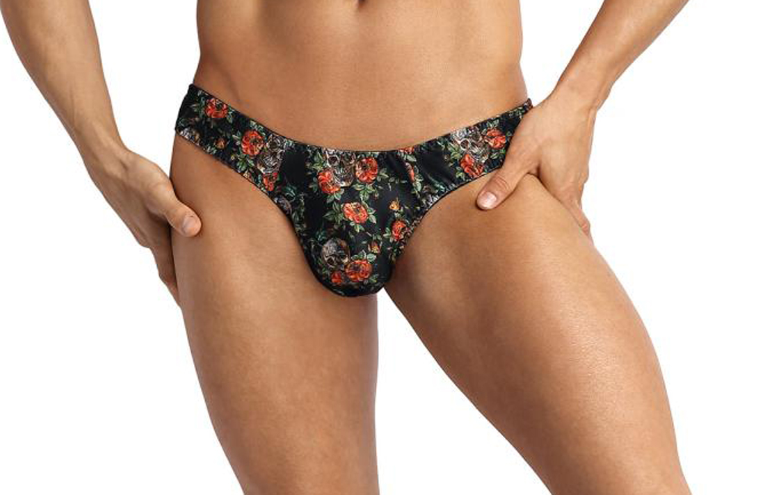 Bunter Herren String aus glattem halbtranparenten Stoff mit Flower Skull Print Männer Slip mit Blume