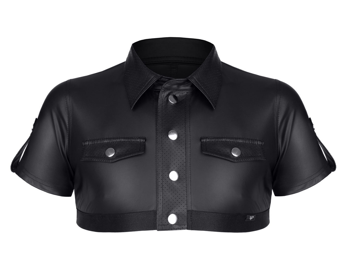 Herren Brust T-Shirt schwarz Crop Top im Military-Stil mit Druckknöpfe und Gummibund halblanges Krag