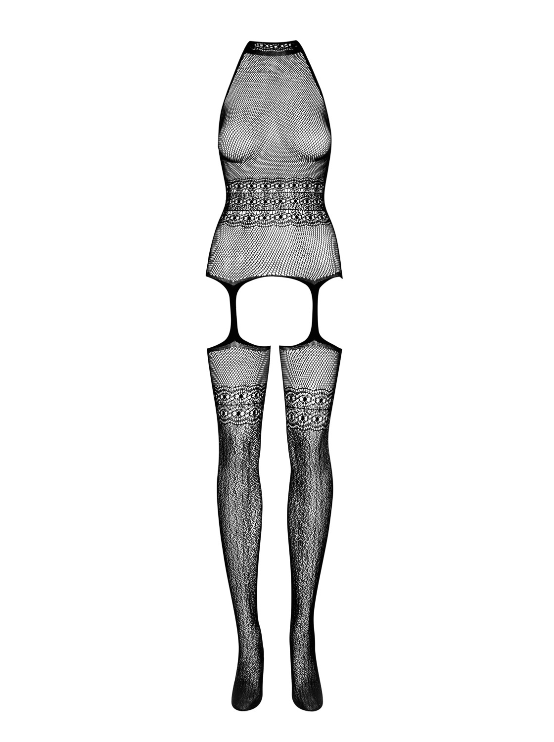 Damen Dessous Bodystocking elastisch transparent ouvert aus Top und Strapsstrümpfen OneSize S-L