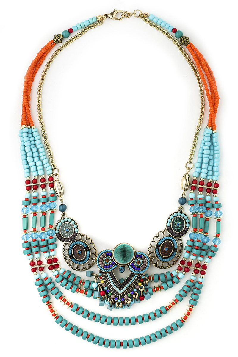 Bunte Statement-Kette aus Perlen und Schmuckelementen orange türkis