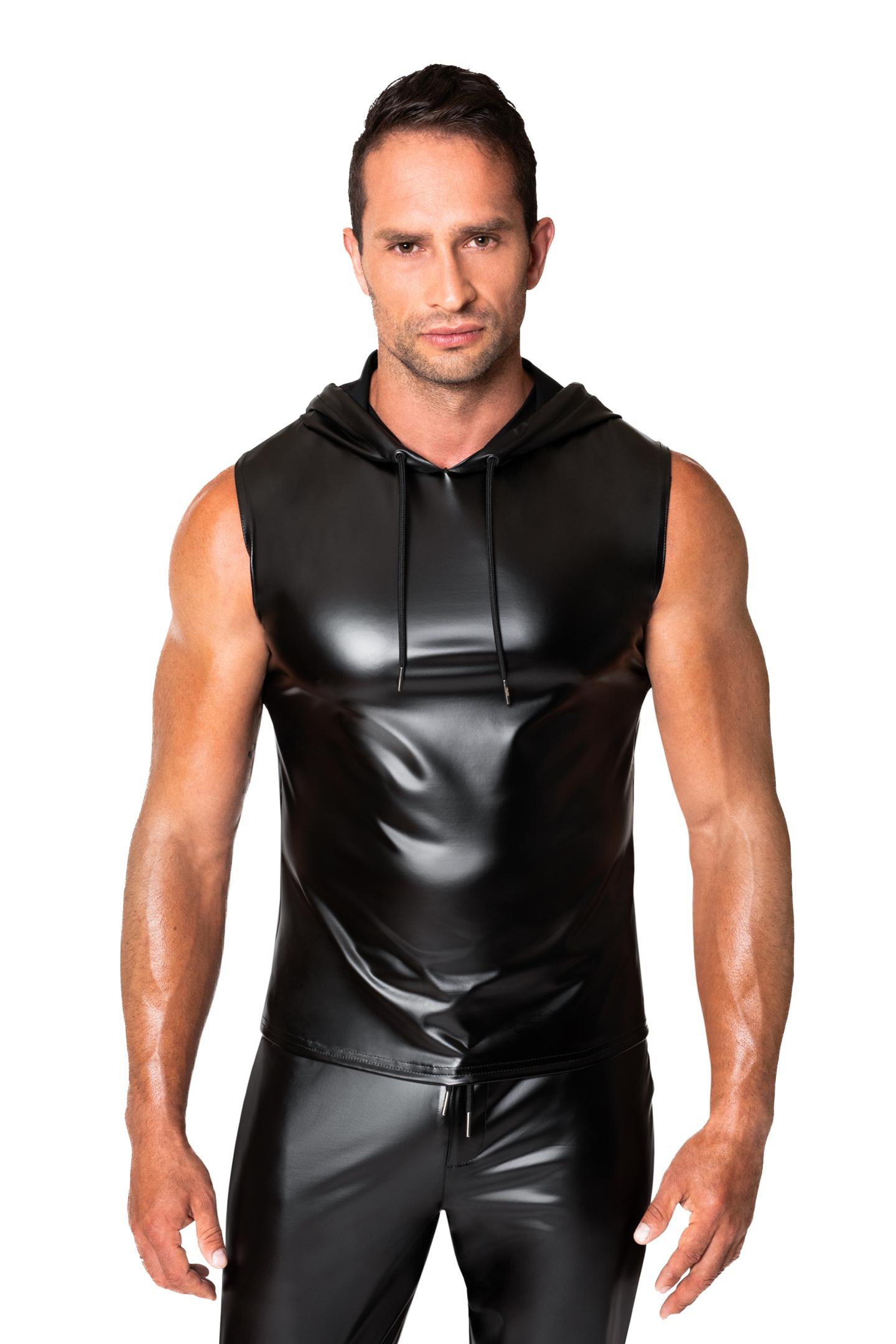 Ärmelloses schwarzes Herren Kapuzenshirt mit Zwei-Wege Reißverschluss auf der Vorderseite und Kordel