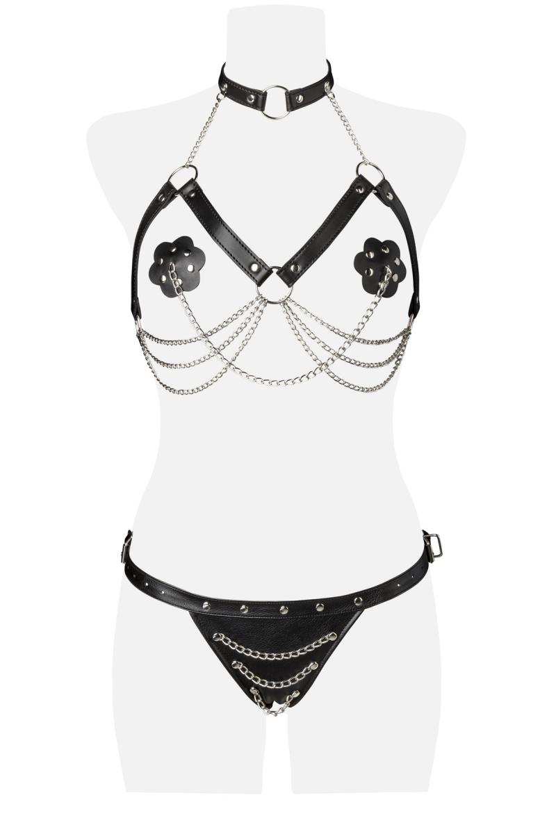 3-teiliges Damen Dessous fetisch Erotikset aus Harness, Slip und Nipple Patches in Kunstleder schwar