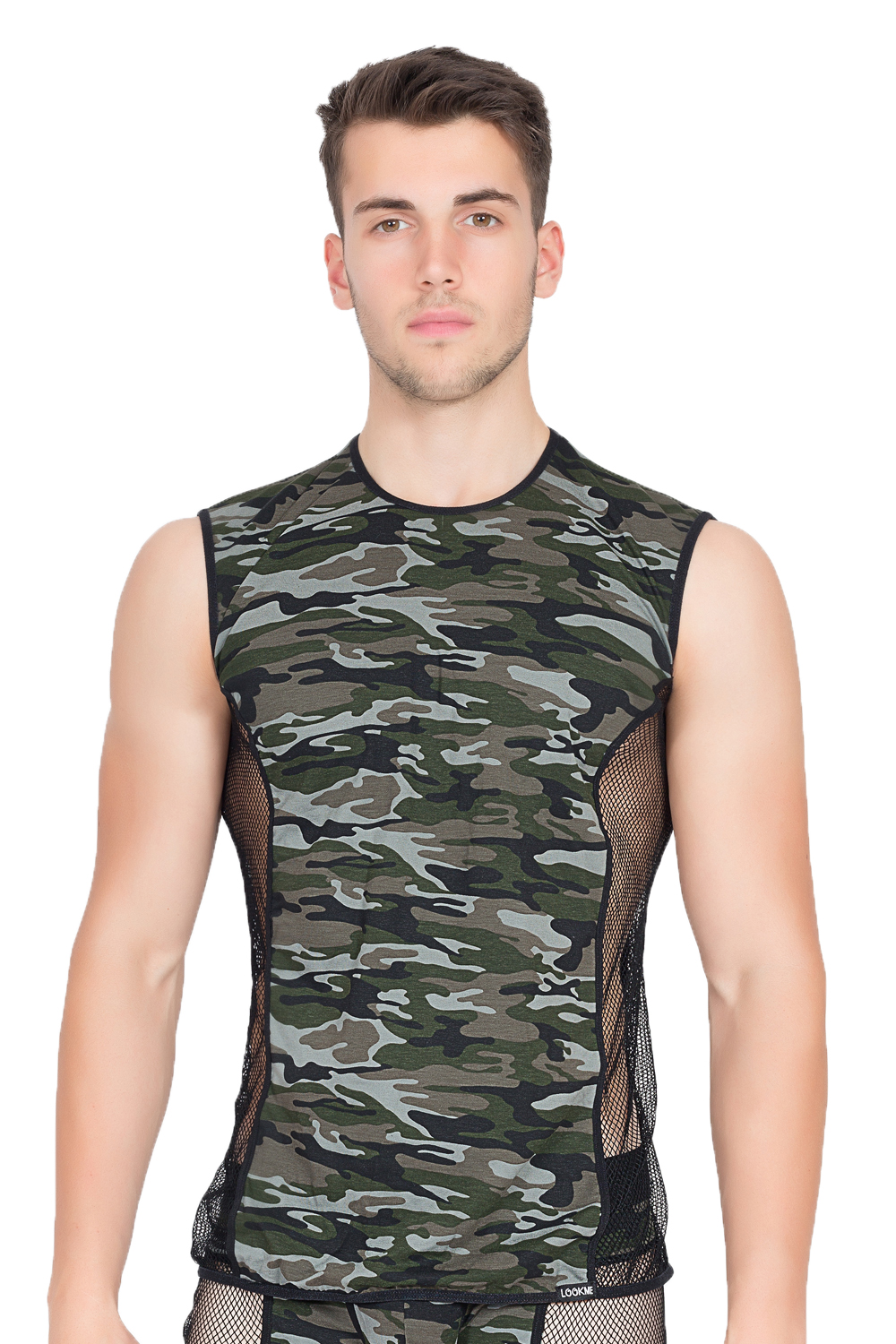 Herren Dessous camouflage V-Shirt Military Tarn-Shirt mit Netzeinsätzen grün schwarz ohne Ärmel