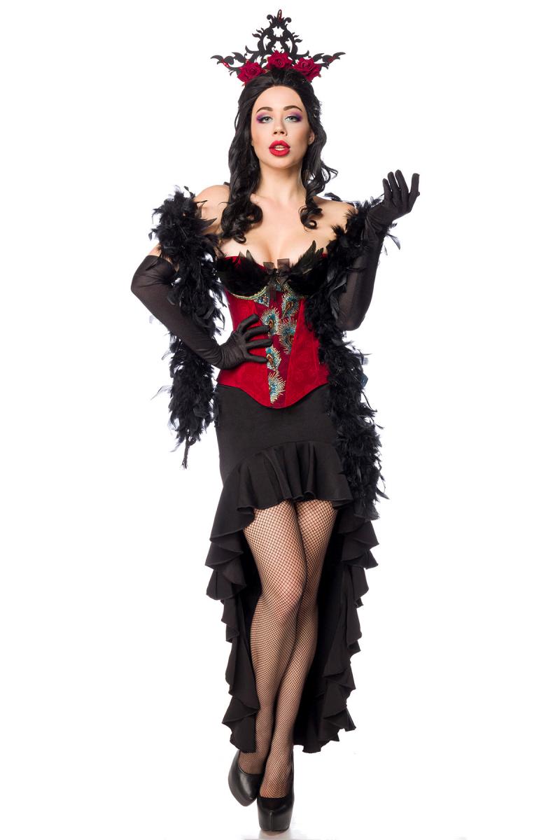 Burlesque Verkleidung Outfit Corsage in rot mit Volant-Rock und Federboa sowie Schnürung Handschuhe 