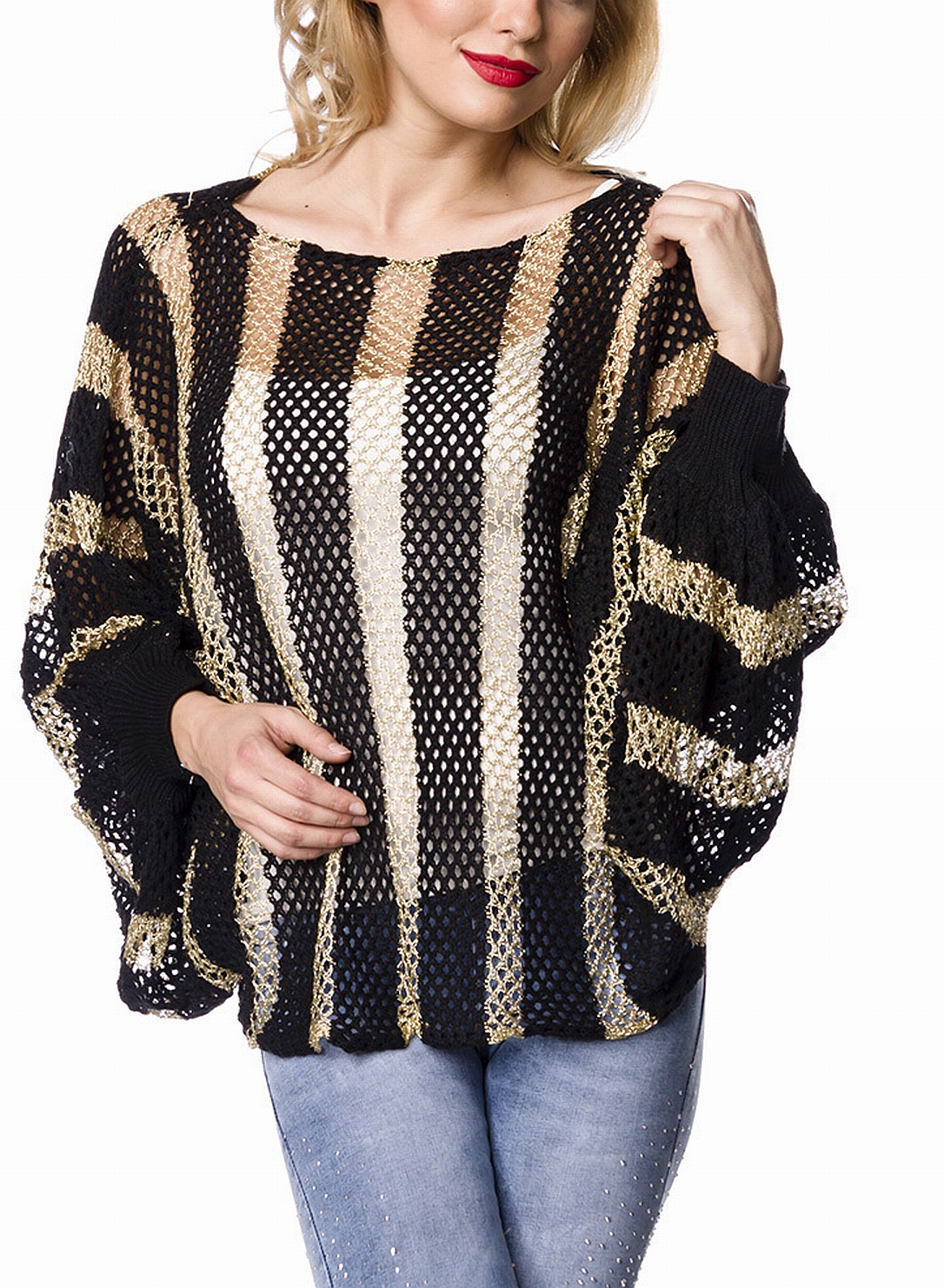 Schwarzer grobmaschiger Strickpullover mit Fledermausärmeln und goldenen Streifen transparent Onesiz
