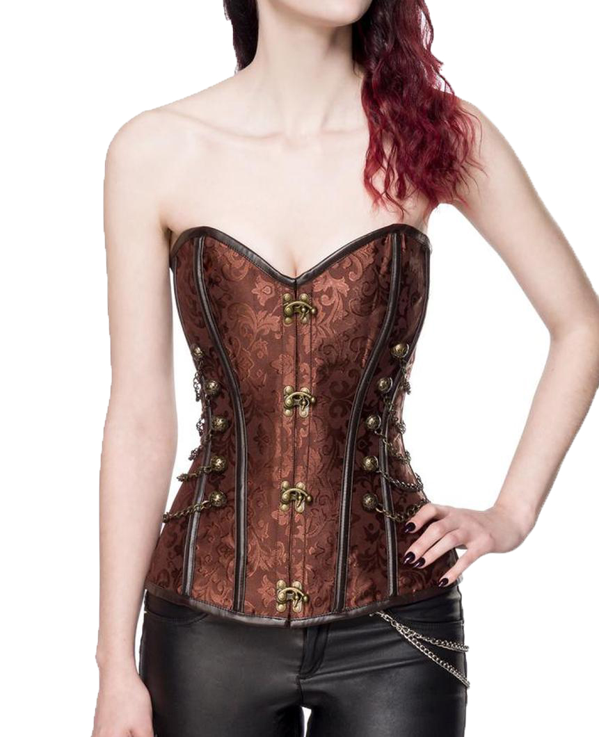 Braune Gothic-Corsage mit Karabinerhaken und Ketten sowie Schnürung am Rücken sowie Kunstledereffekt