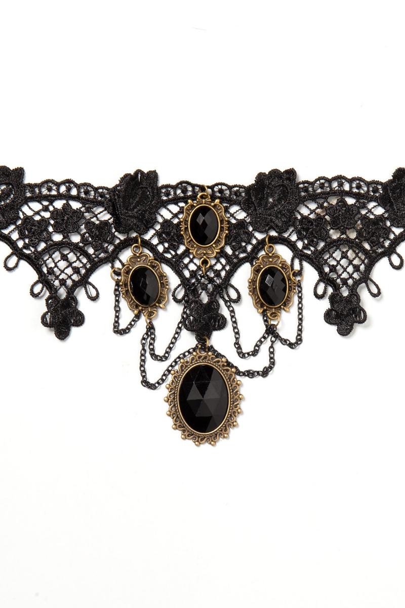 Damen Collier mit Broschen und Spitze in schwarz aus Häkelspitze mit Anhängern Halsband Gothic