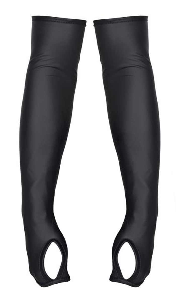 Lange schwarze Armstulpen blickdicht aus wetlook Material mit Daumenloch und Reißverschlüssen
