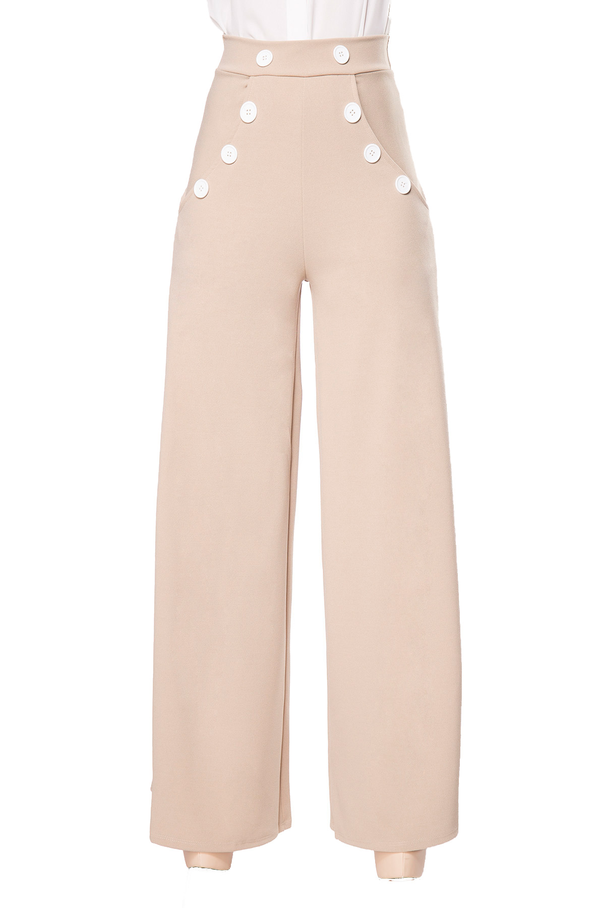 Beige weite Schlaghose weiße Knöpfe mit High Waist und Reißverschluss an der Seite einfarbig Lange-H