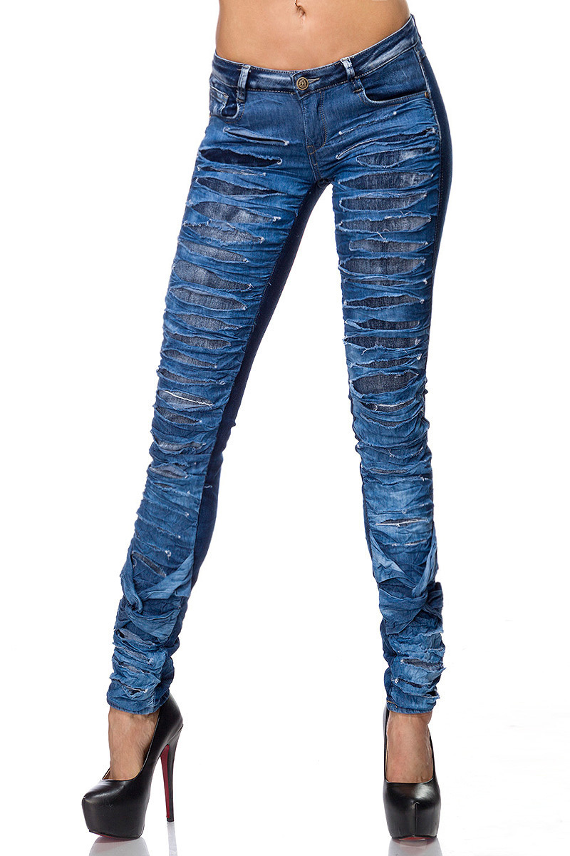 Blaue Damen Jeans mit zweilagiger Vorderseite und Rissen Five-Pocket-Style schmaler Schnitt