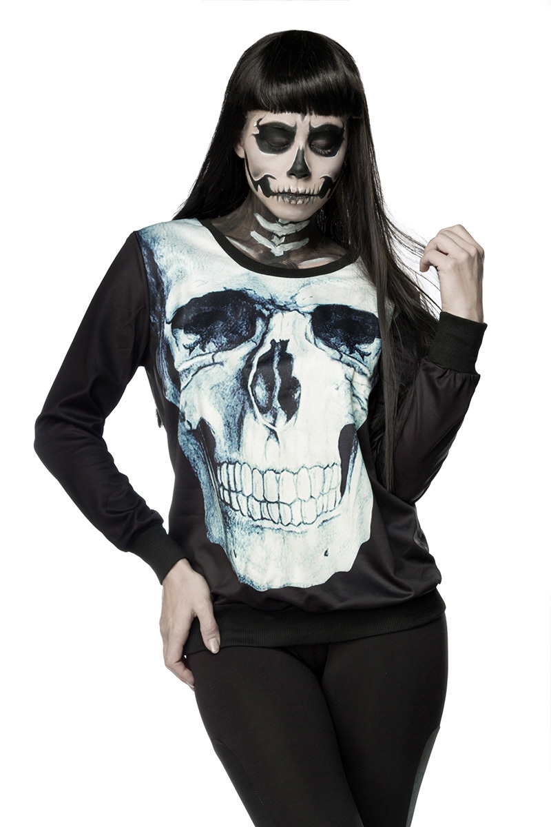 Schwarzes Damen Totenkopf Sweatshirt mit Totenkopf und Rosen Print Sweatshirt Faschingsverkleidung O
