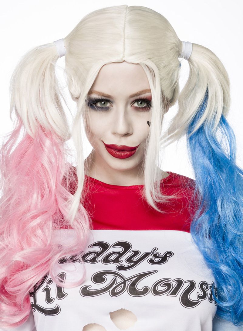 Blonde Damen Langhaar Perücke Wig mit zwei Zöpfen rot und blau Coseplay Perücke mit Netz gewellt dip