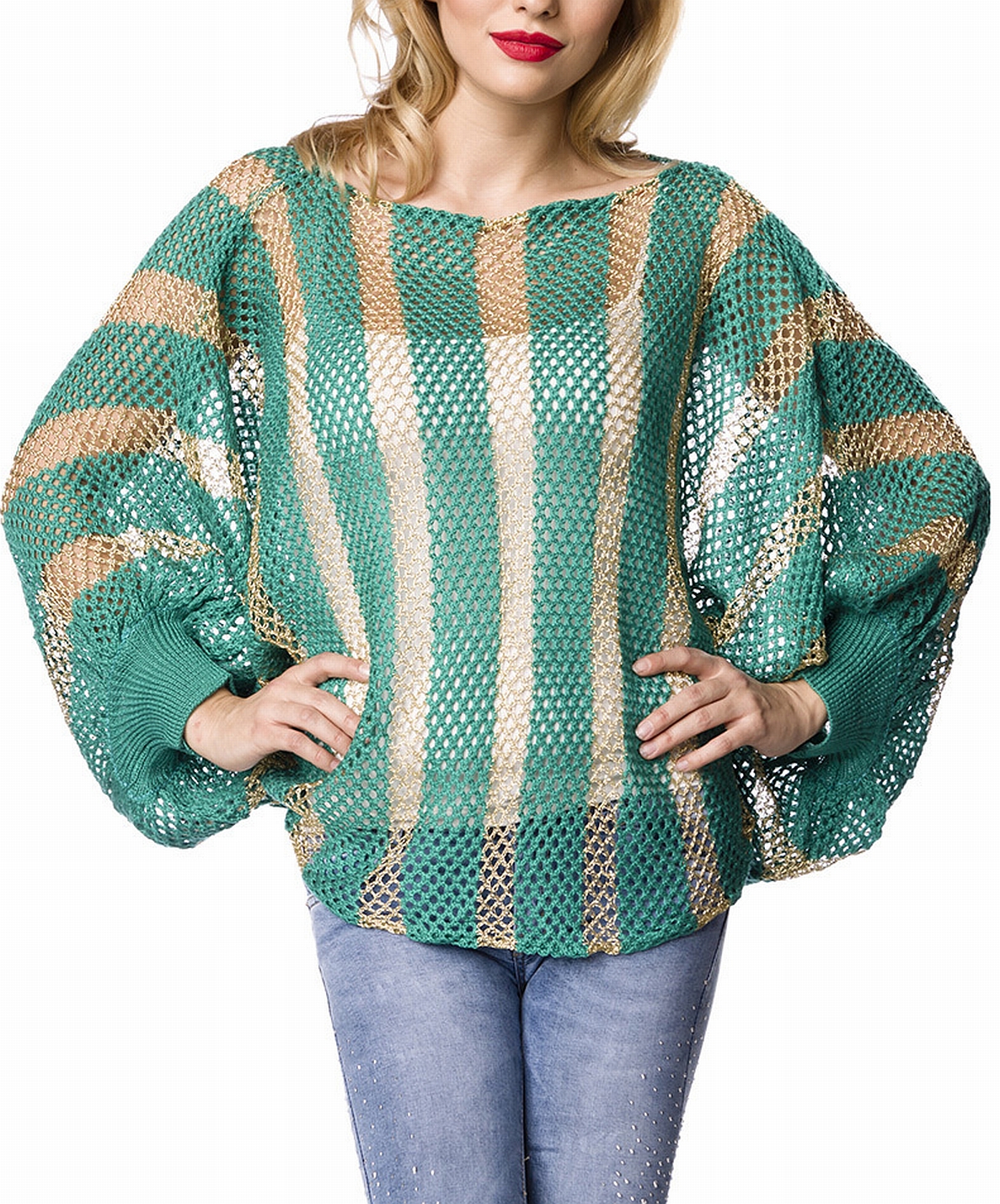 Türkiser grobmaschiger Strickpullover mit Fledermausärmeln und goldenen Streifen transparent Onesize