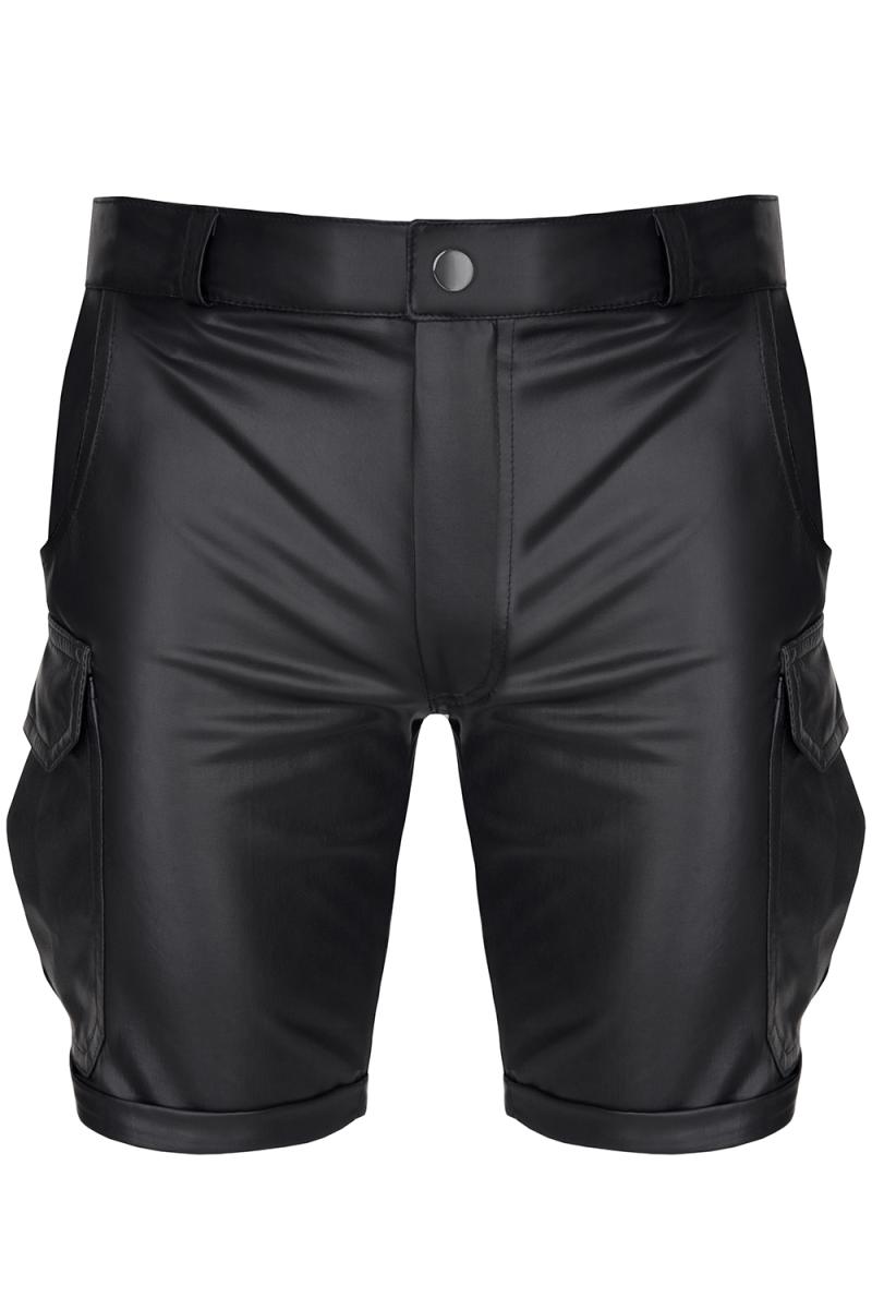 Herren Cargo Shorts kurze Hose schwarz aus elastischem Wetlook-Stoff mit Taschen