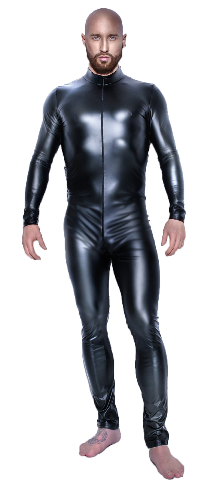 Herren Dessous fetisch Overall mit 2-Wege Reißverschluss in wetlook schwarz lang dehnbar
