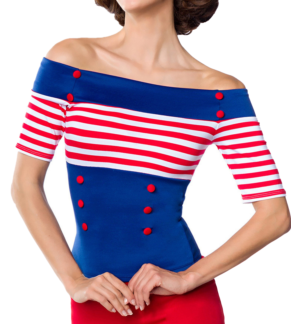 Blaue schulterfreie Bluse aus Jersey mit kurzen Ärmeln und Carmenausschnitt weiß rot gestreift Retro