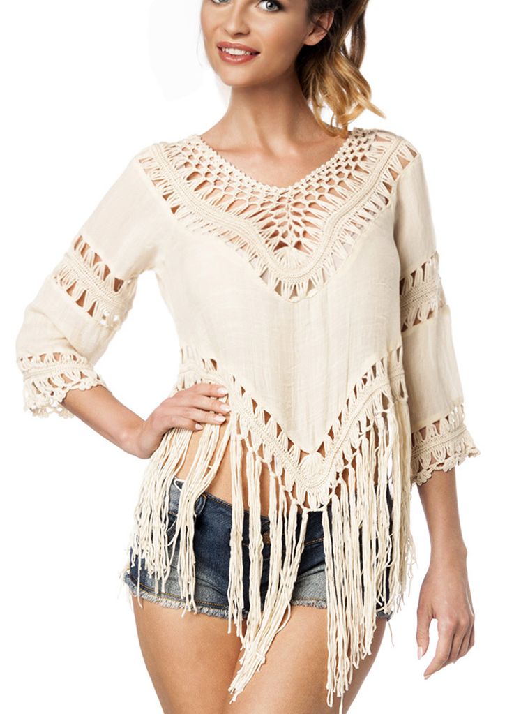 Beige Strick-Tunika mit groben Maschen Boho Muster und halblange-Ärmel Strickeinsätzen und Fransen X