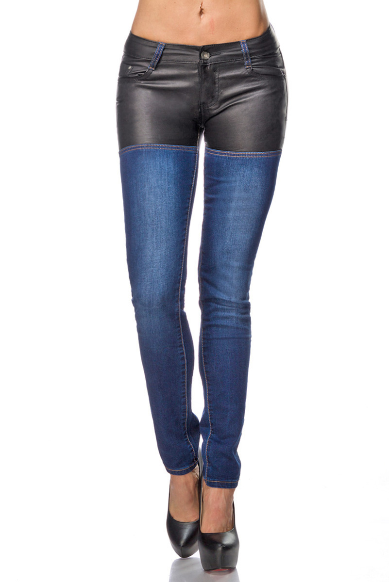 Blaue Damen Jeans mit Wetlook Einsätzen und Kunstleder Five-Pocket-Style Röhrenjeans