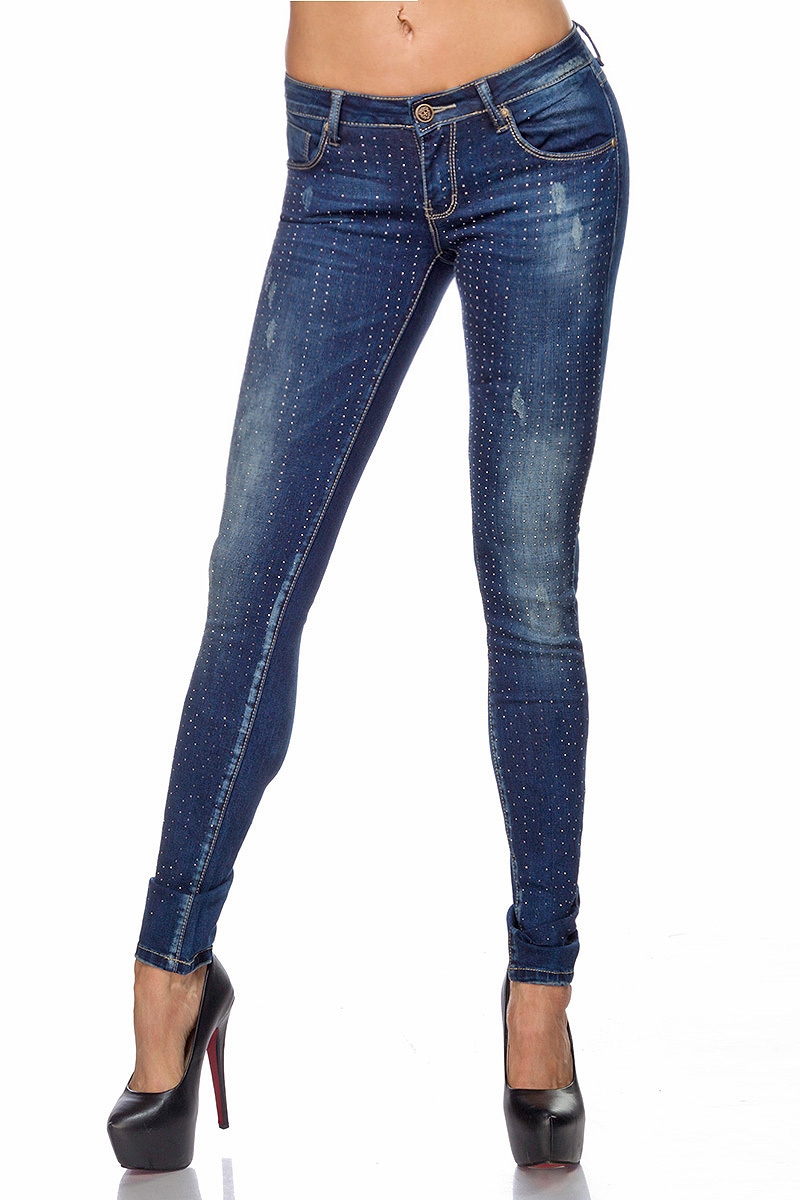 Blaue Damen Jeans mit Strass und aufgesetzten Gesäßtaschen Five-Pocket-Style mit Waschung