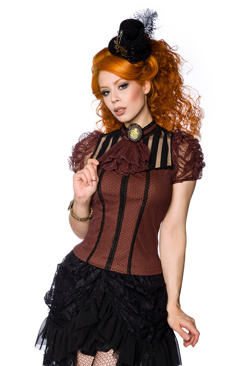 Braune  Spitzenbluse mit Netzelementen Oktopus Brosche und Spitzenjabot Steampunk