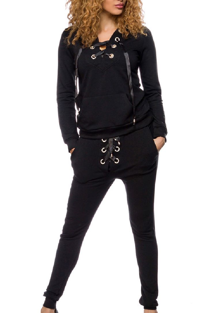 Schwarzer zweiteiliger Damen Jogginganzug mit Kapuzenpulli und Strass Schnürung aus Baumwolle Zipper
