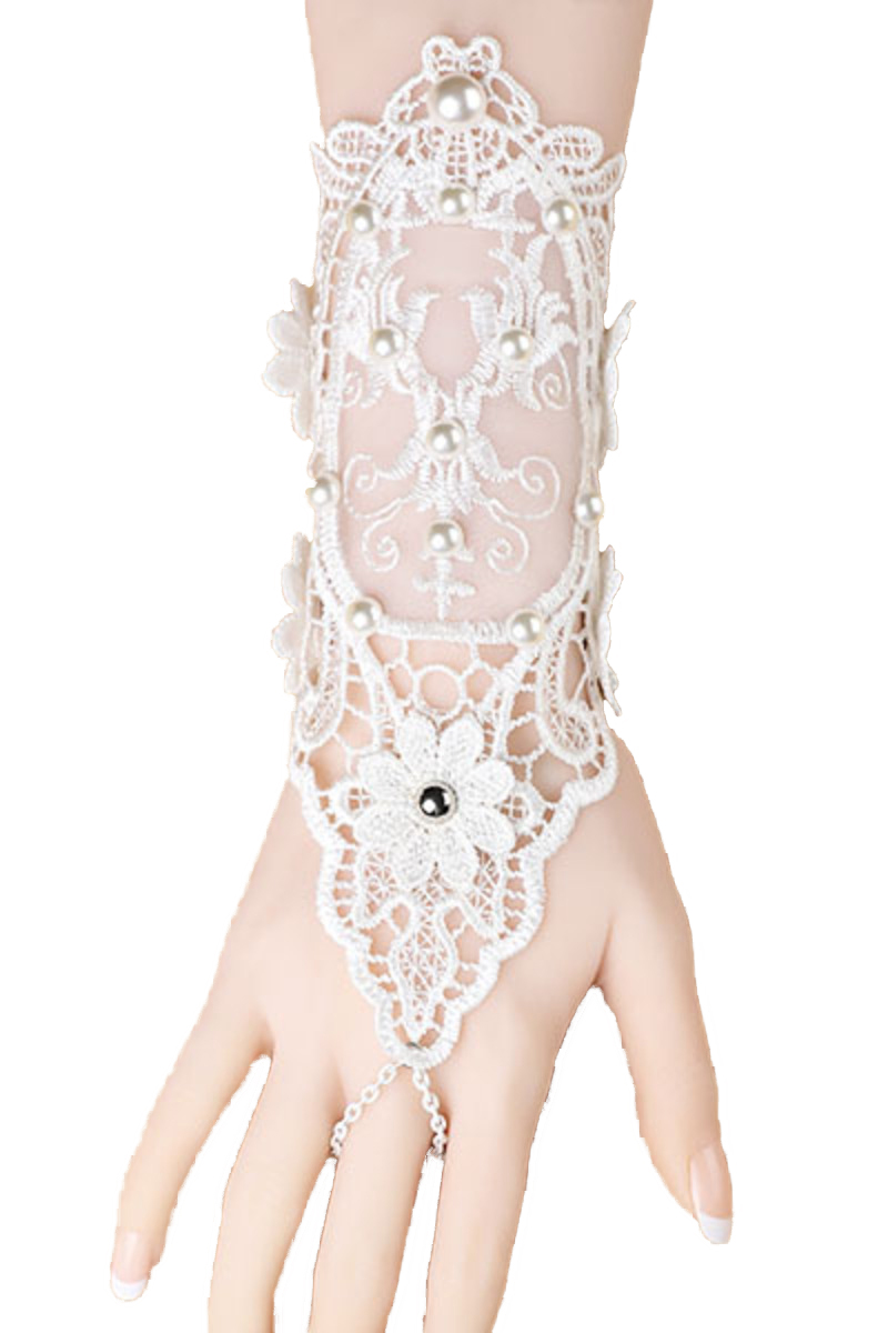 Handschmuck mit Spitze und Perlen in weiß mit Kette Armschmuck Damen