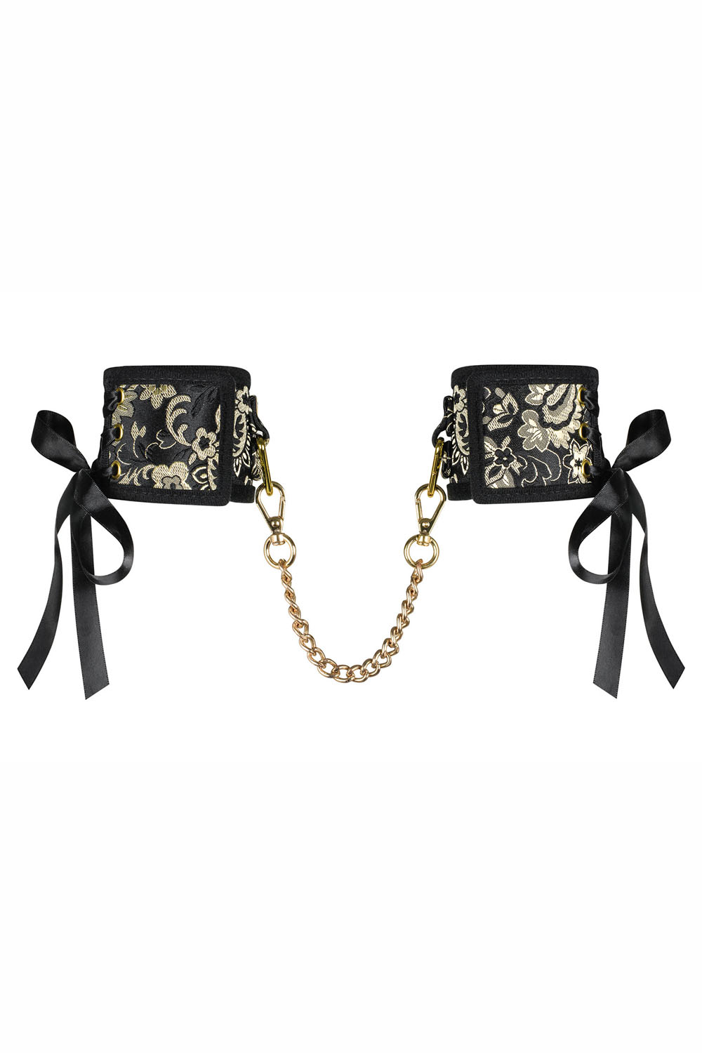 Frauen Dessous goldene Handschellen aus Spitze und Metall Ketten Schwarz Metallring Schleifen Größe: