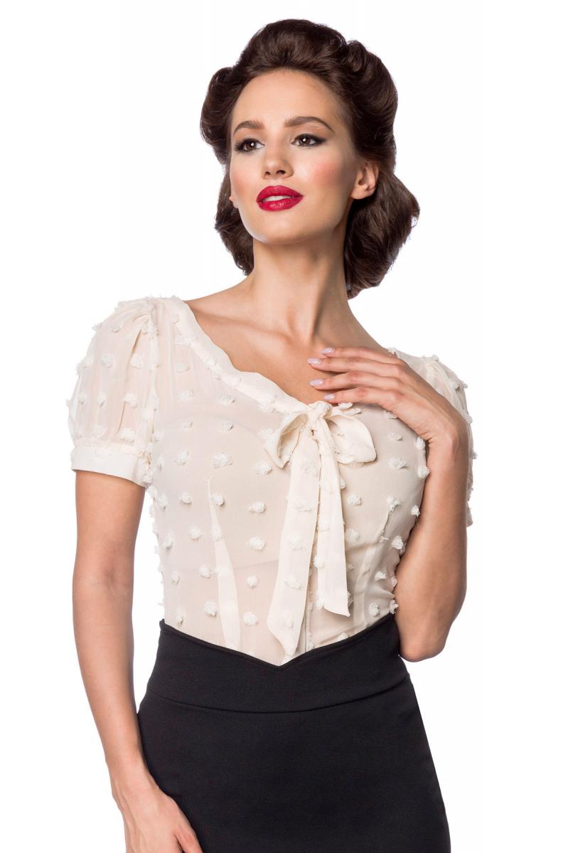 Beige kurze Schluppen-Bluse mit kurzen Puffärmeln und Schleife transparenter Netzstoff Knopfleiste