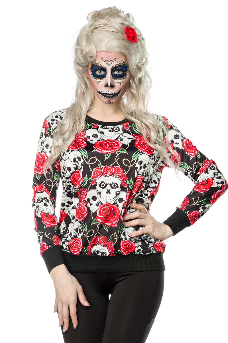 Buntes Damen Totenköpfe Sweatshirt mit Totenköpfe und Rosen Print Sweatshirt Faschingsverkleidung Ou