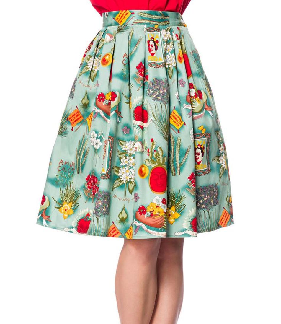 Blauer ausgestellter Vintagerock mit Blumenmuster mit angesetzten Kellerfalten und hohem Bund Reißve