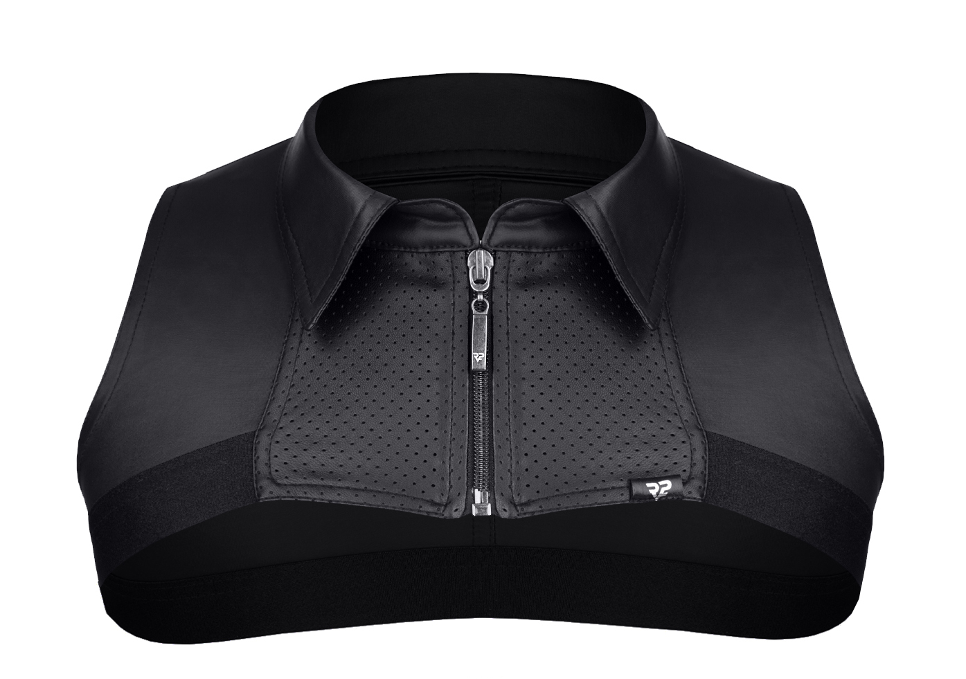 Extra kurzes Herren Shirt schwarz Mini wetlook Crop Top im Military-Stil mit Kragen und Reißverschlu