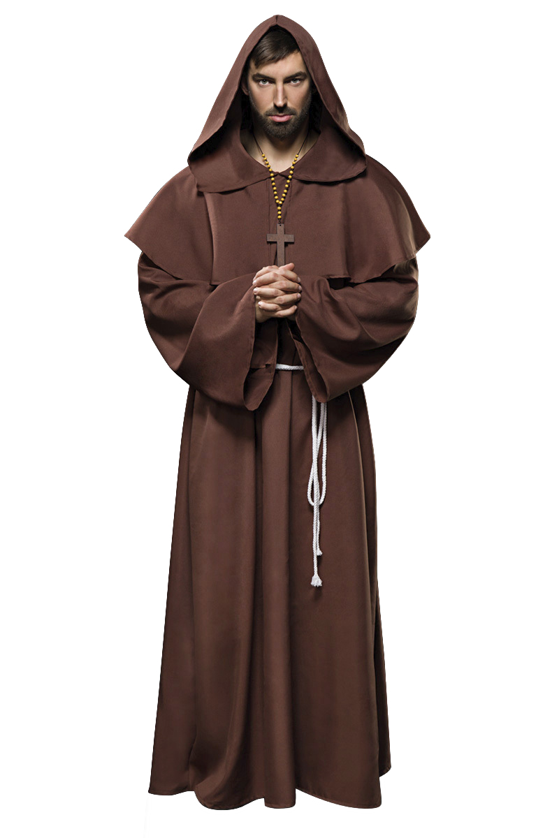 Herren brauner Mönch Anzug Kostüm Verkleidung mit Cape und Gürtel aus Kreuz-Kette Umhang Hängeärmel