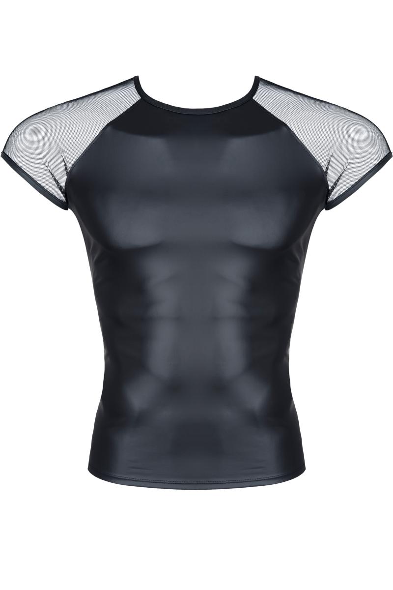 Herren Dessous T-Shirt schwarz Männer wetlook Shirt dehnbar mit transparenten Schultern