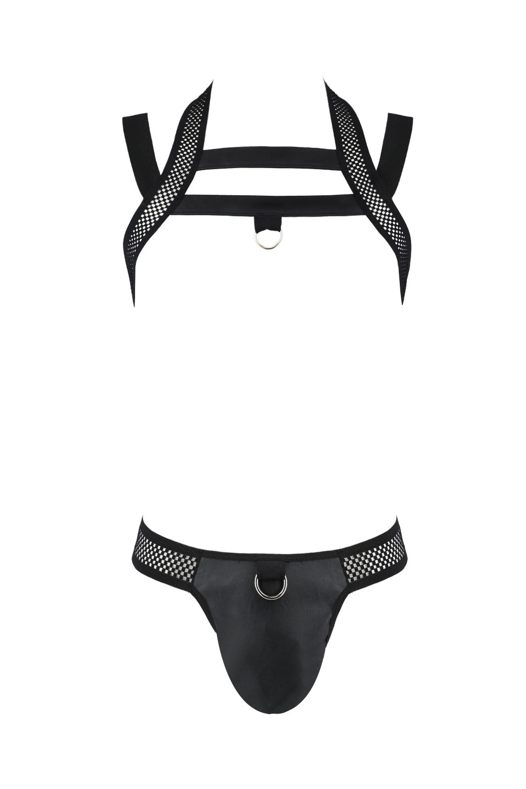 Schwarzes Herren Harness Set Jockstrap Slip und Top aus mattem Kunstleder, Ringen und Gummibändern