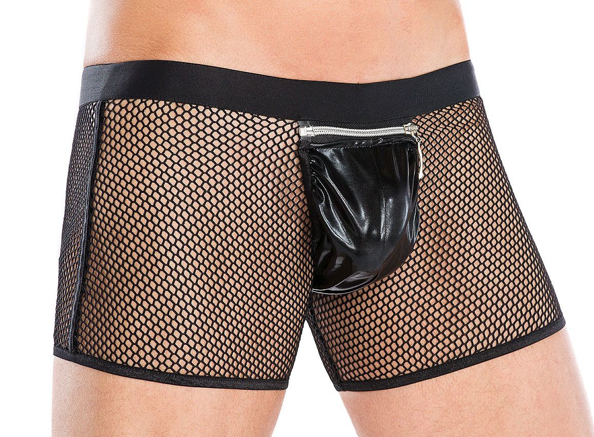 Grobnetz-Slip Schwarz mit Anhänger sexy Boxershorts Männer Panty mit Ausschnitte Wetlook elastisch t
