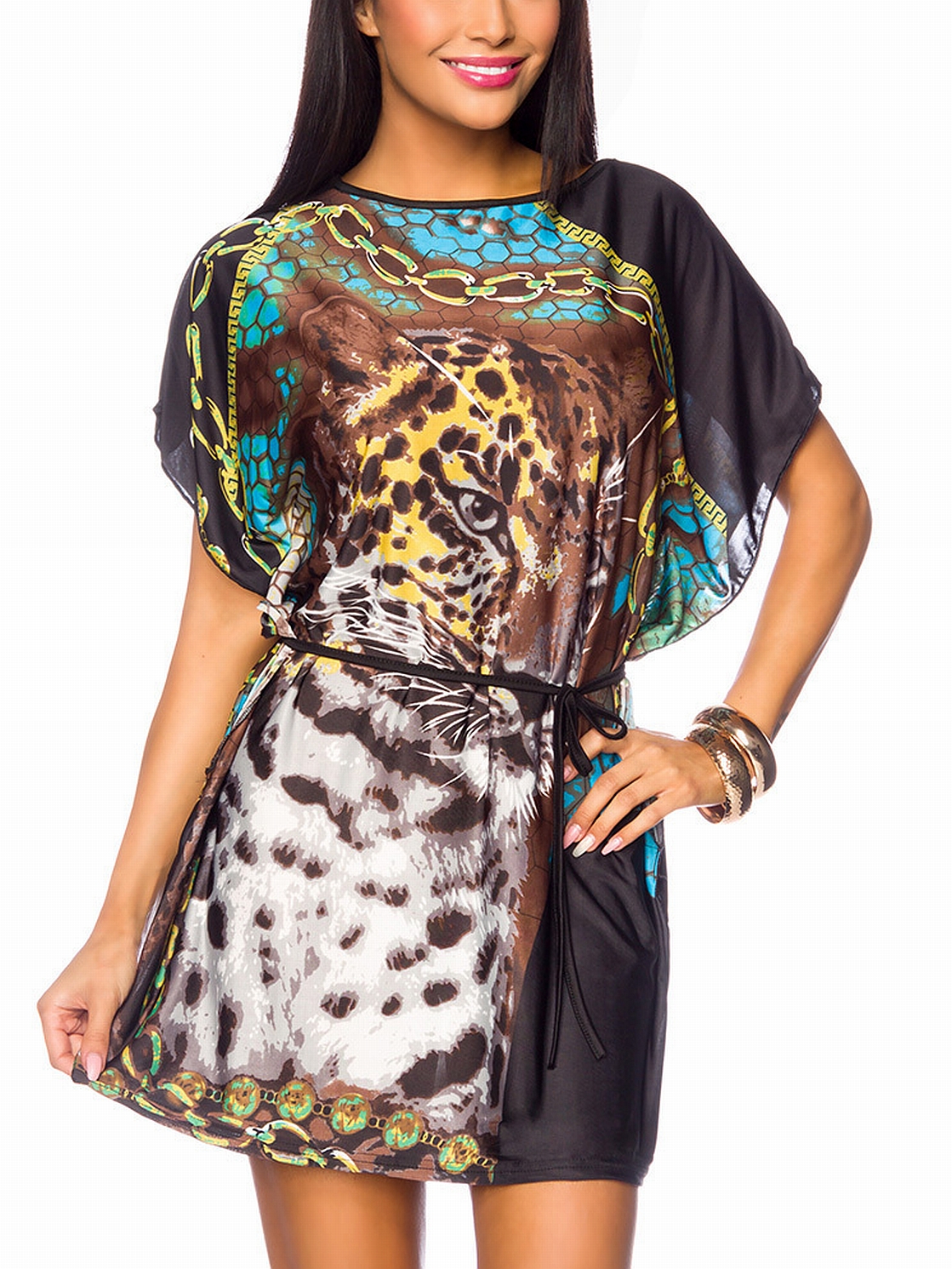 Bunte Damen Tunika mit Paisleymuster weit geschnitten mit angeschnittenen Ärmeln schwarz weiß