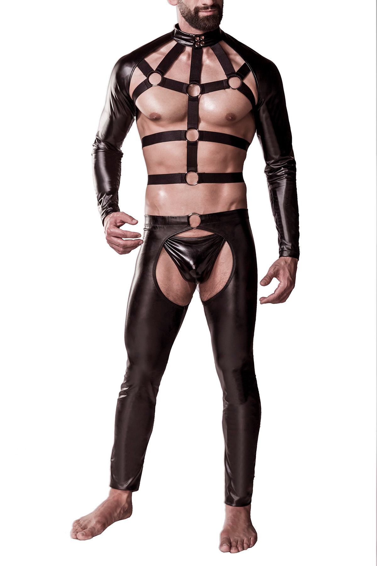 3-teilges Herren Harness-Set aus Harness Bolero, langer Chaps und String in schwarz aus Kunstleder