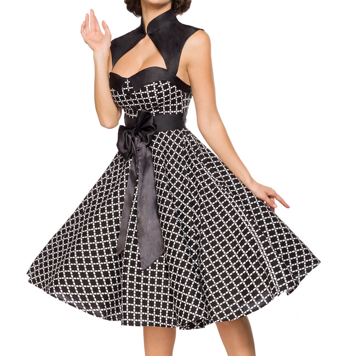 Ausgestelltes Rockabilly Kleid mit Stehkragen und Schleife Bolero Stoffknöpfe und Rückenausschnitt 