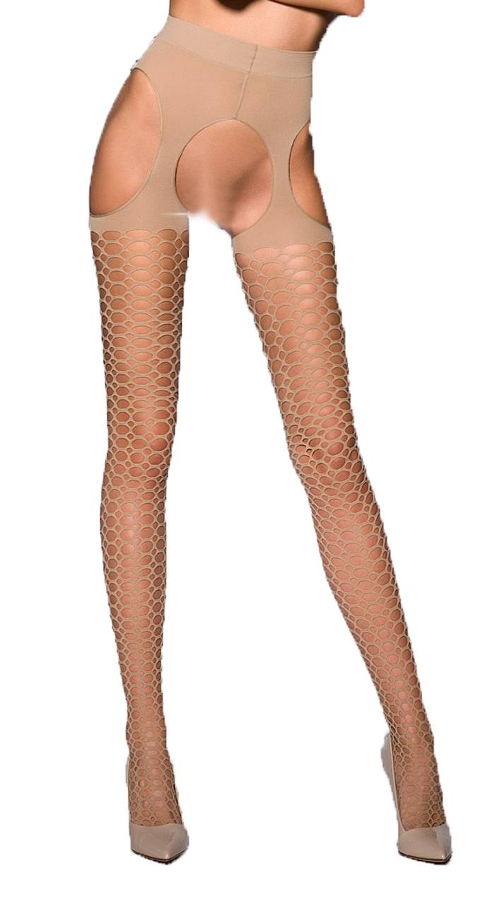 Beige Damen Dessous ouvert Netz Strumpfhose elastisch transparent im Schritt offen mit Straps Schnit
