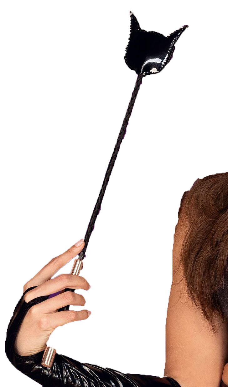 Gerte mit Katze Kopf und glänzenden Lack Peitsche für sinnliche Spiele 43cm Schwarz