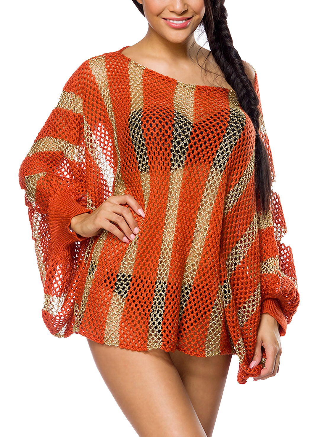 Oranger grobmaschiger Strickpullover mit Fledermausärmeln und goldenen Streifen transparent Onesize