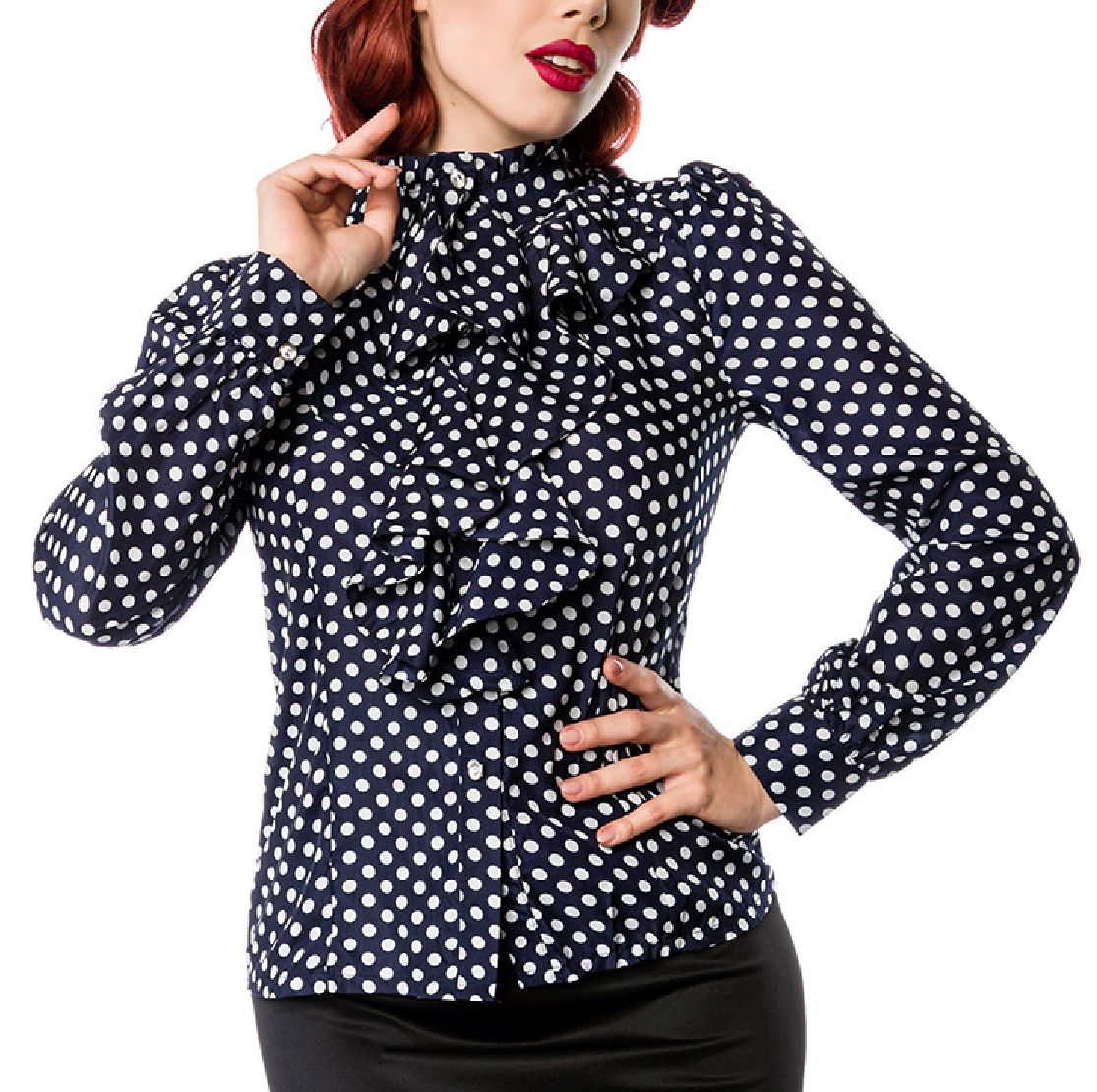 Blaue Rüschen Schluppenbluse weiß gepunktet mit Jabot und Strassknöpfen Stehkragen Rockabilly Bluse