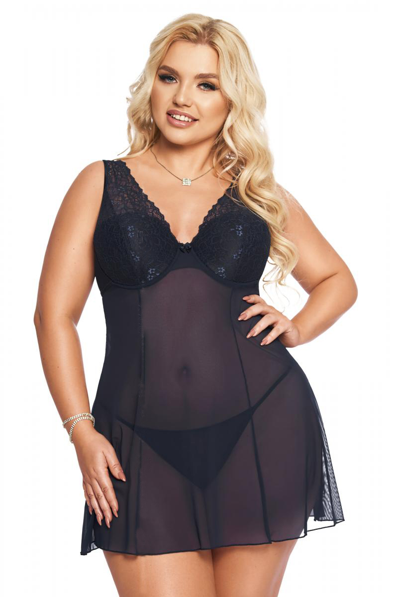 Blaues XXL Dessous Chemise Plus Size Nachtkleid mit polster Cups transparent aus Tüll und Spitze mit