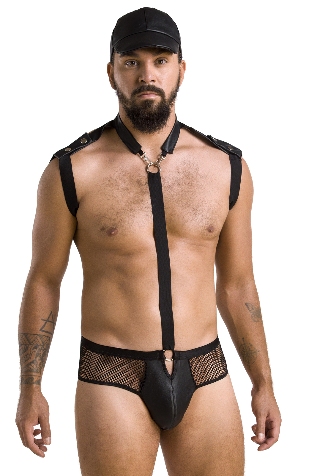 Schwarzer Dessous Herren Body Harness aus Kunstleder und Gummibändern teiltransparent mit Mütze