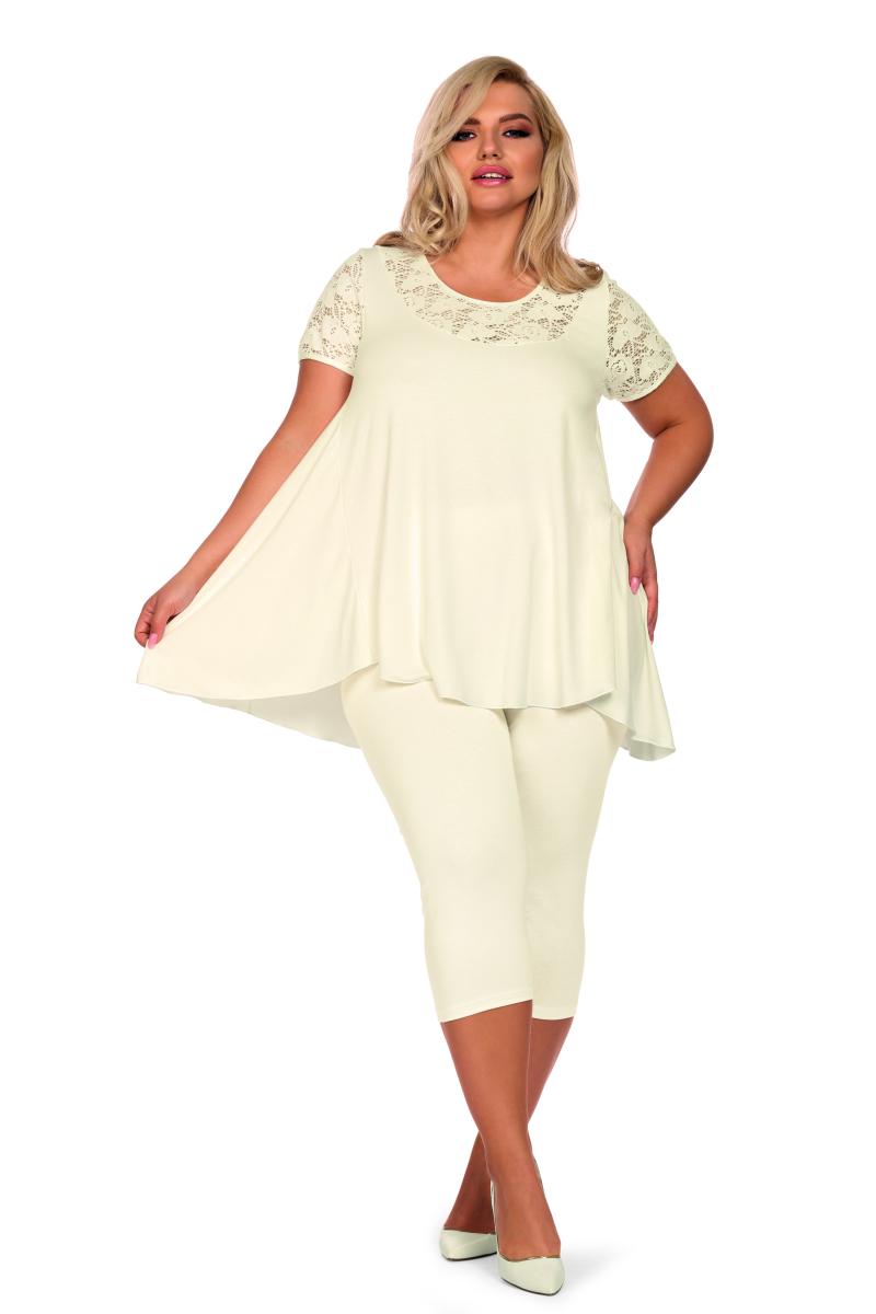 Beiger Plus Size Pyjama Damen Schalfanzug aus Shirt mit Spitze und knielanger Hose blickdicht elasti