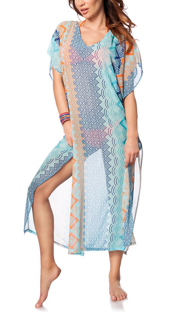 Blau transparenter Kaftan mit buntem Muster aus Netz mit Schlitz und kurzen Ärmeln Strandkleid