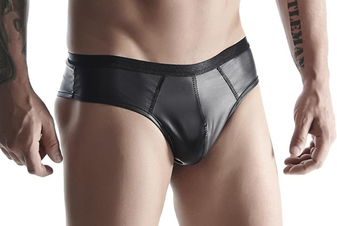 Blickdichter Herren Slip schwarz dehnbar aus wetlook Material mit Gummibund dehnbar Männer Dessous