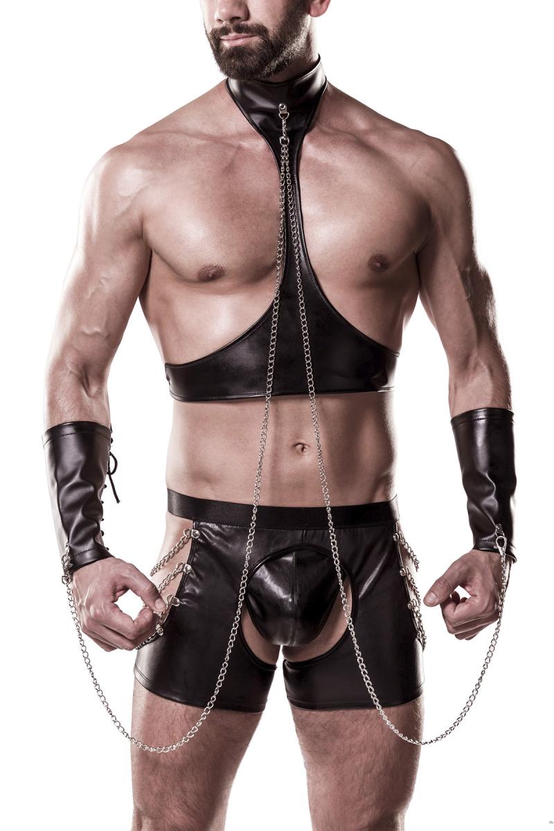 5-teilges Herren wetlook Set Bondage fetisch Set Top, Armbänder String und Boxer Short ouvert schwar