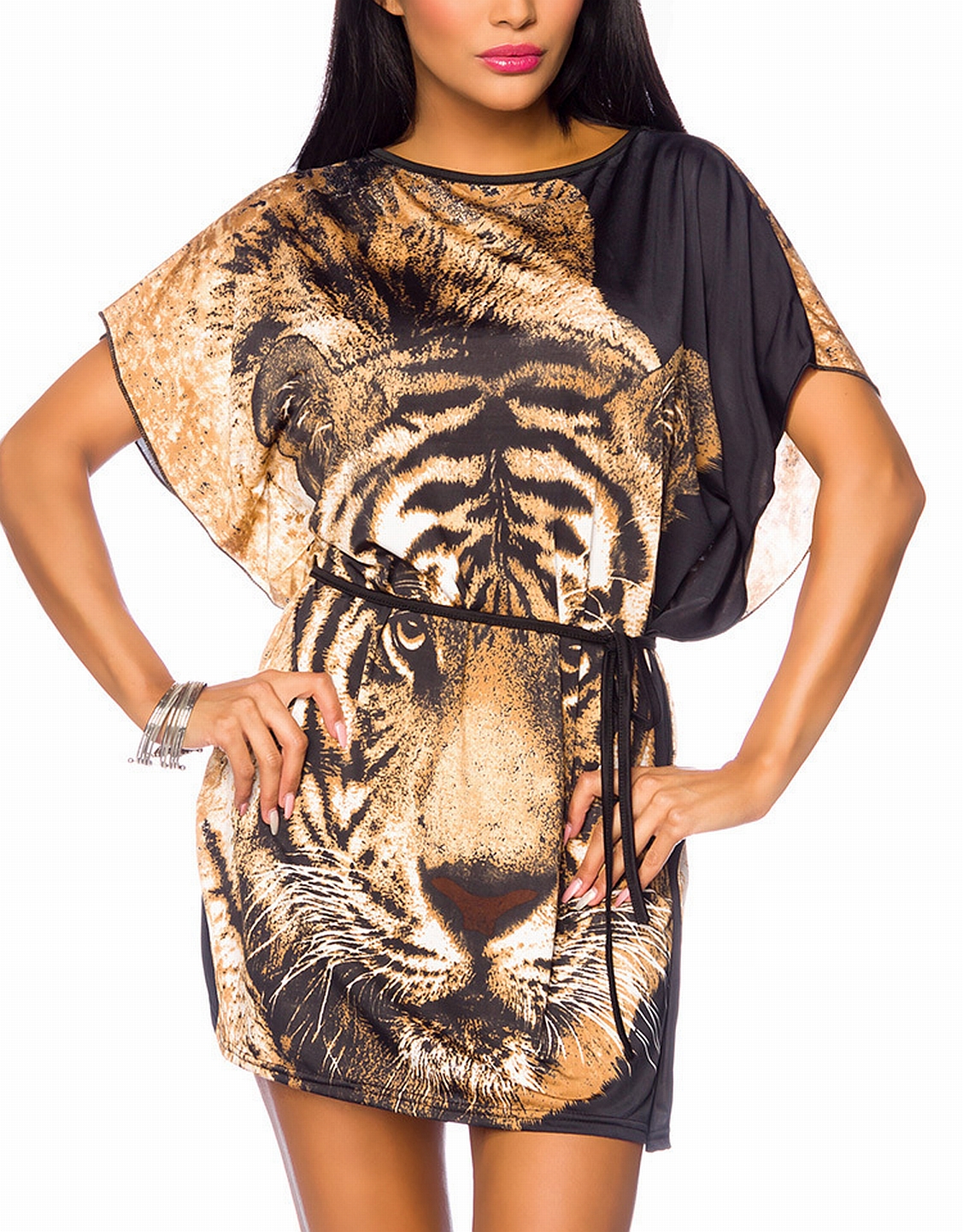 Bunte Damen Tunika mit Tigerkopf weit geschnitten mit angeschnittenen Ärmeln