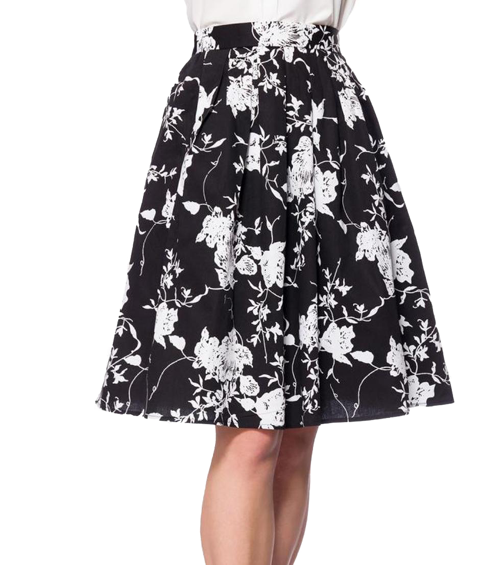 Ausgestellter Vintagerock mit Blumenmuster mit angesetzten Kellerfalten und hohem Bund Gummibund im 